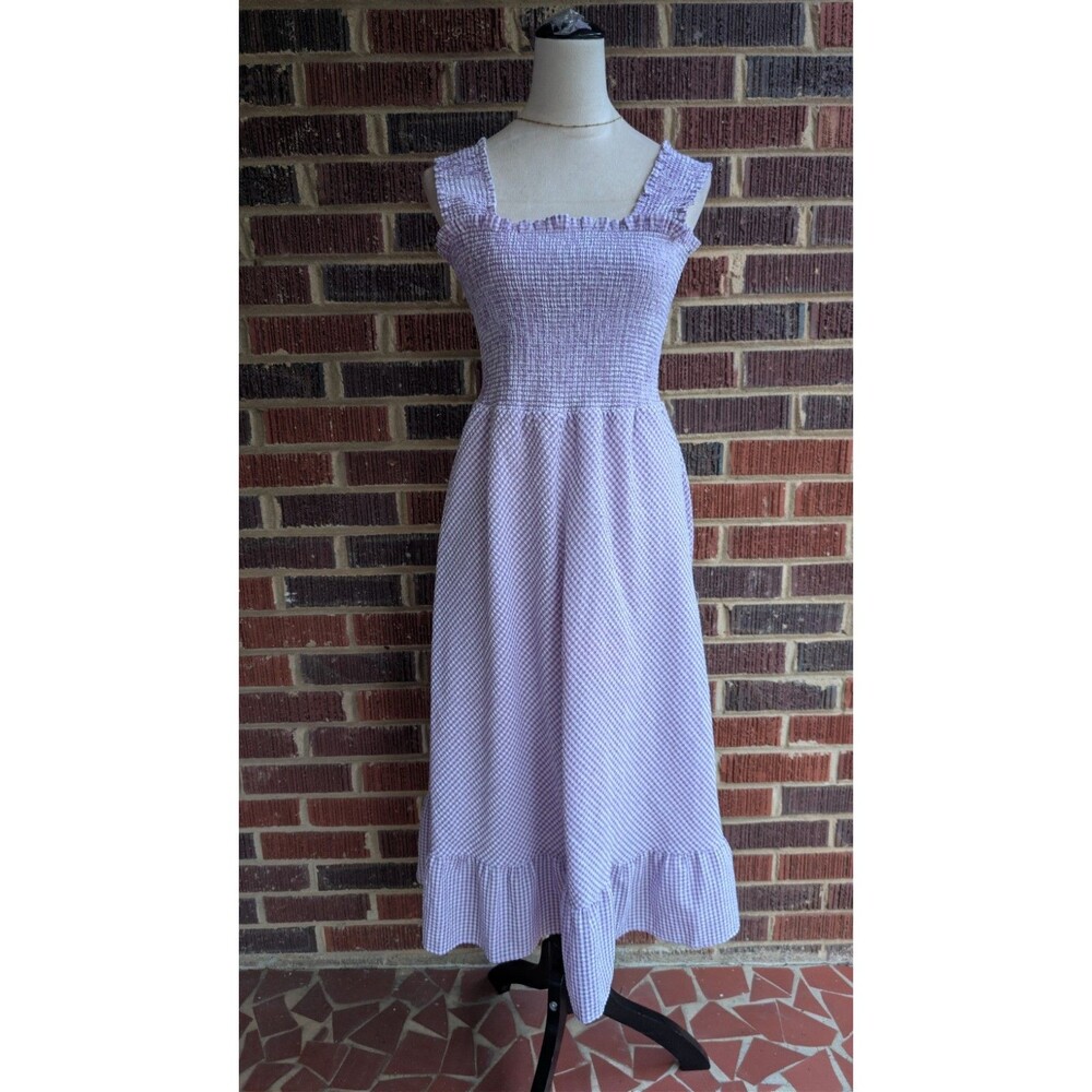 Eliza J Lavender Gingham Smocked Midi Dress Pockets Sleeveless Women's Sz 8 NWOT